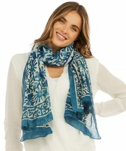 2 Chic Accessories Lucy Navy Blue Hand Block Flower Printed Scarf/Sarong/Shawl