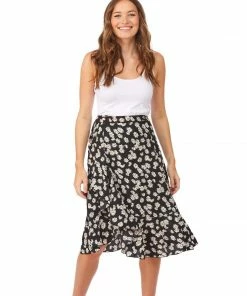 2 Chic Daisy Print Ruffle Trim Wrap Skirt With Adjustable Tie Waist