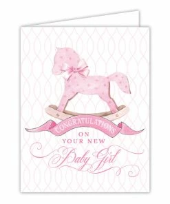 Roseannebeck Greeting Card - Congratulations On Your New Baby Girl Pink Rocking Horse