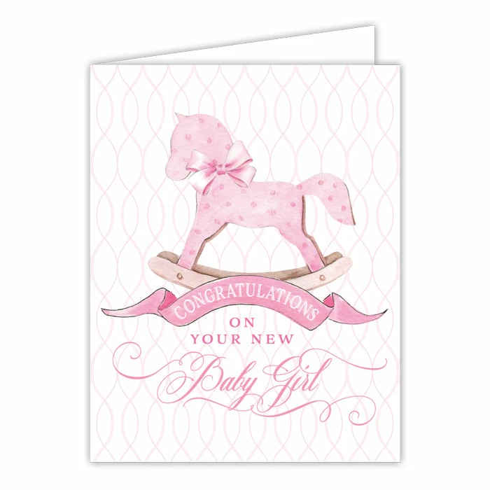 Roseannebeck Greeting Card - Congratulations On Your New Baby Girl Pink Rocking Horse