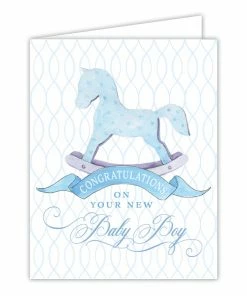 Roseannebeck Greeting Card - Congratulations On Your New Baby Boy Blue Rocking Horse Stationery
