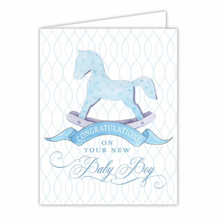 Roseannebeck Greeting Card - Congratulations On Your New Baby Boy Blue Rocking Horse Stationery