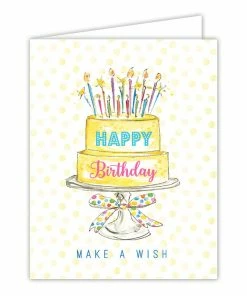 Roseannebeck Stationery Greeting Card - Happy Birthday Make A Wish Handpainted Yellow Cake With Candles