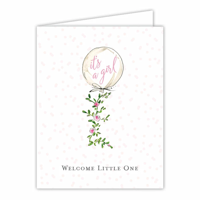 Roseannebeck Greeting Card - It's A Girl Welcome Little One Handpainted Balloon Stationery