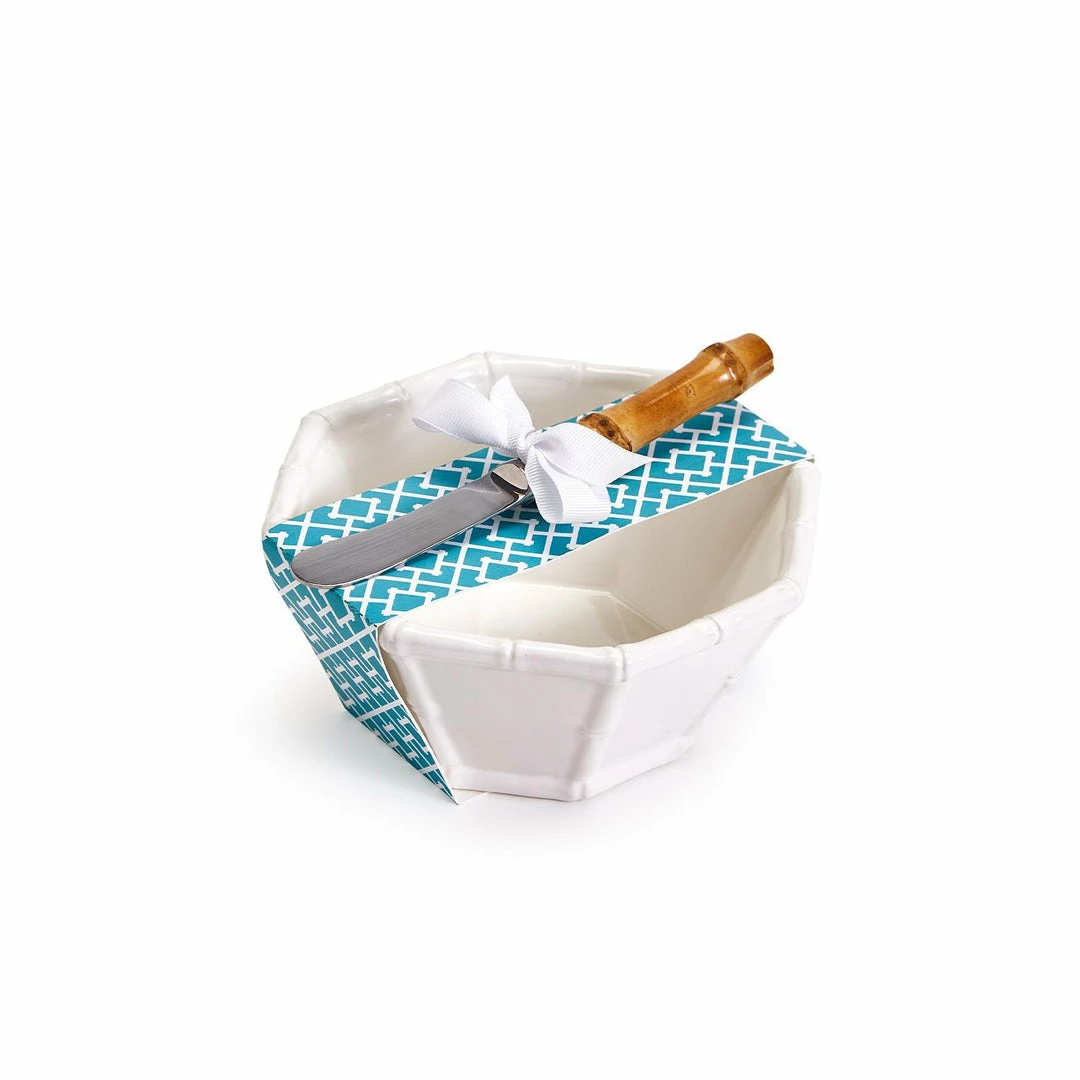 Two's Company Hampton Faux Bamboo Fretwork Tidbit Dish With Natural Bamboo Handle Spreader Tabletop