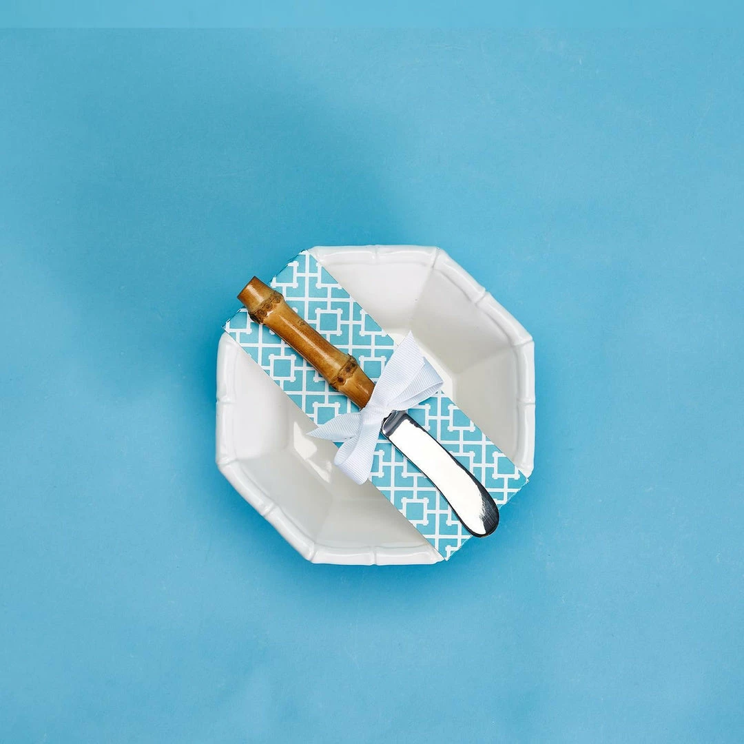 Two's Company Hampton Faux Bamboo Fretwork Tidbit Dish With Natural Bamboo Handle Spreader Tabletop