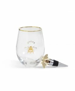 Two's Company Drinkware Queen Bee Stemless Wine Glass With Jeweled Bee Wine Stopper