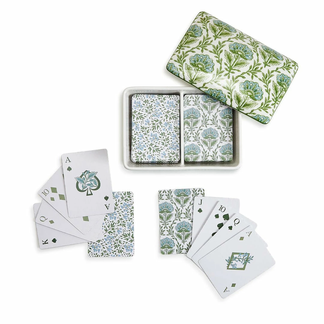 Two's Company Countryside Double Deck Playing Cards In Floral Pattern Ceramic Storage Box Games