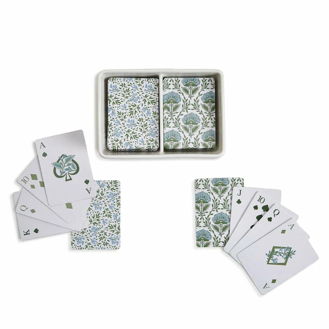 Two's Company Countryside Double Deck Playing Cards In Floral Pattern Ceramic Storage Box Games