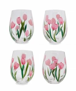 Two's Company Pink Tulips Hand-Painted Stemless Wine Glass