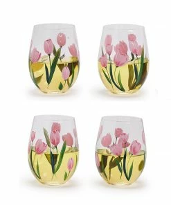 Two's Company Pink Tulips Hand-Painted Stemless Wine Glass