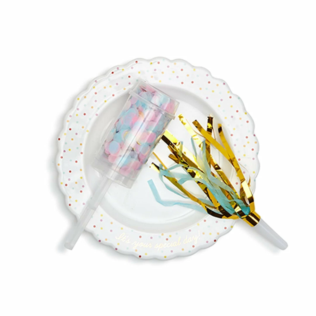 Two's Company Gifts "It's Your Special Day" Confetti Pattern Birthday Dessert Plate With Birthday Candle, Confetti Popper, Noise Maker In Gift Box