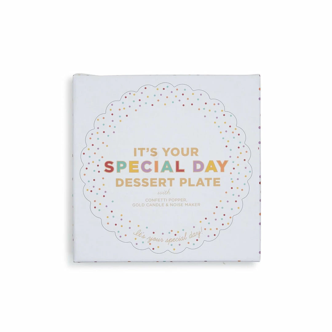 Two's Company Gifts "It's Your Special Day" Confetti Pattern Birthday Dessert Plate With Birthday Candle, Confetti Popper, Noise Maker In Gift Box