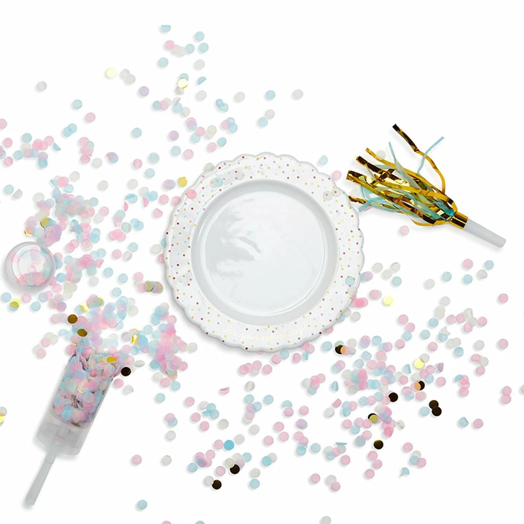 Two's Company Gifts "It's Your Special Day" Confetti Pattern Birthday Dessert Plate With Birthday Candle, Confetti Popper, Noise Maker In Gift Box