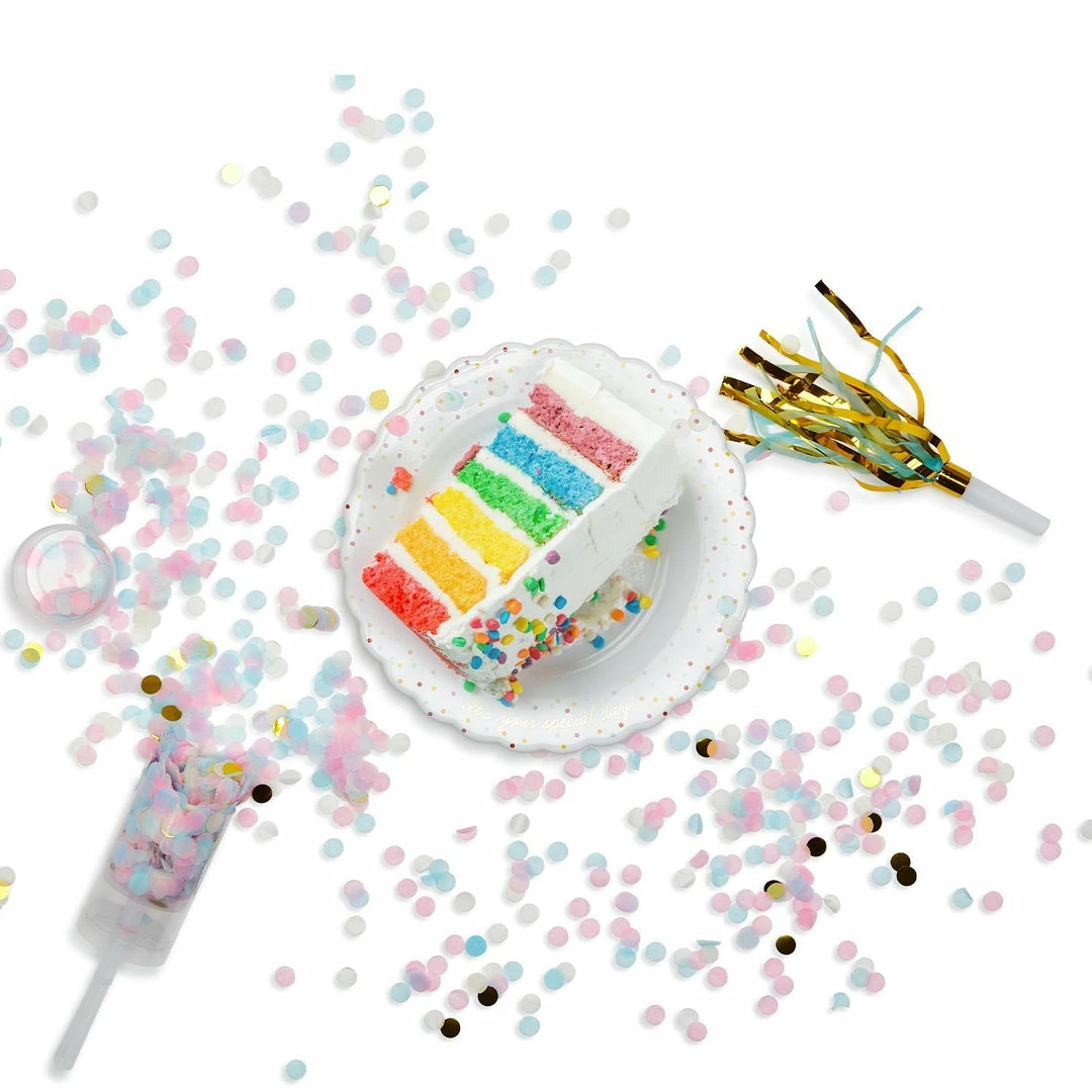 Two's Company Gifts "It's Your Special Day" Confetti Pattern Birthday Dessert Plate With Birthday Candle, Confetti Popper, Noise Maker In Gift Box