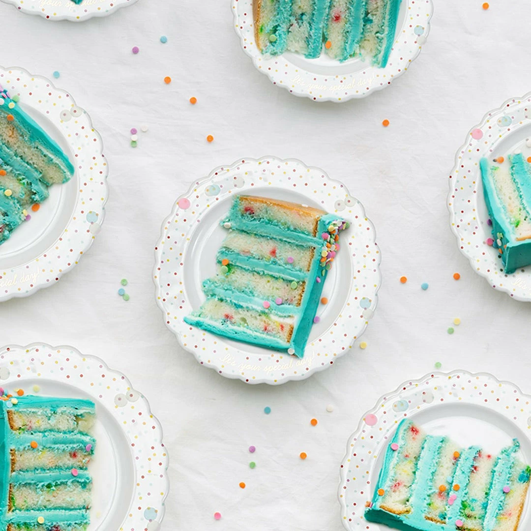 Two's Company Gifts "It's Your Special Day" Confetti Pattern Birthday Dessert Plate With Birthday Candle, Confetti Popper, Noise Maker In Gift Box