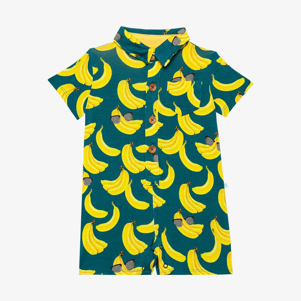 Posh Peanut Bananas Short Sleeve Collared Henley Romper Baby