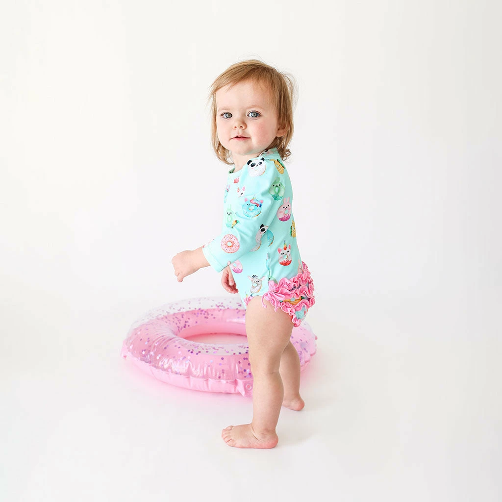 Posh Peanut Donuts Long Sleeve Ruffled Rash Guard Swimsuit Baby
