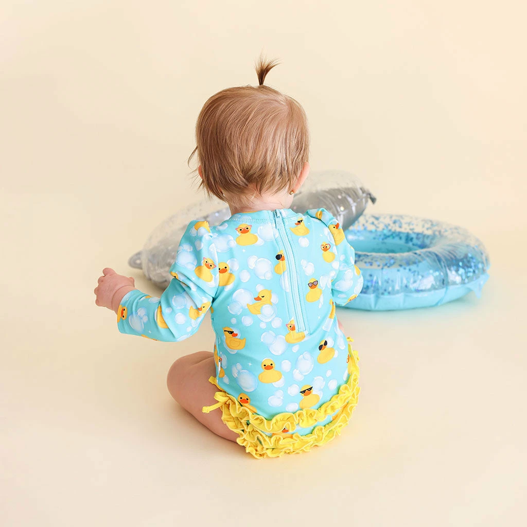 Posh Peanut Ducky Long Sleeve Ruffled Rash Guard Swimsuit