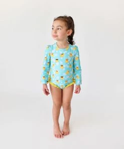 Posh Peanut Ducky Long Sleeve Ruffled Rash Guard Swimsuit