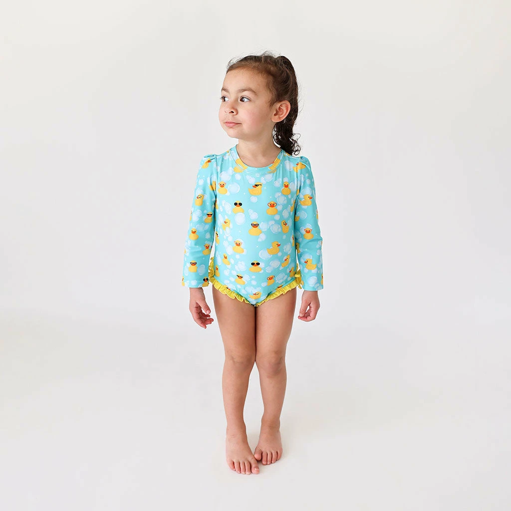 Posh Peanut Ducky Long Sleeve Ruffled Rash Guard Swimsuit
