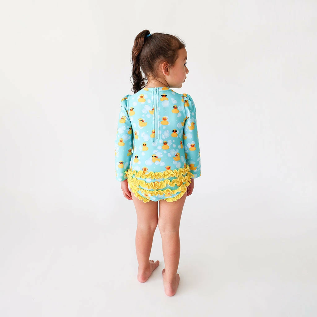 Posh Peanut Ducky Long Sleeve Ruffled Rash Guard Swimsuit