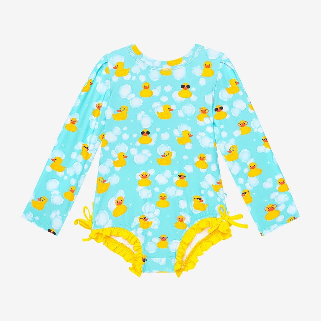 Posh Peanut Ducky Long Sleeve Ruffled Rash Guard Swimsuit