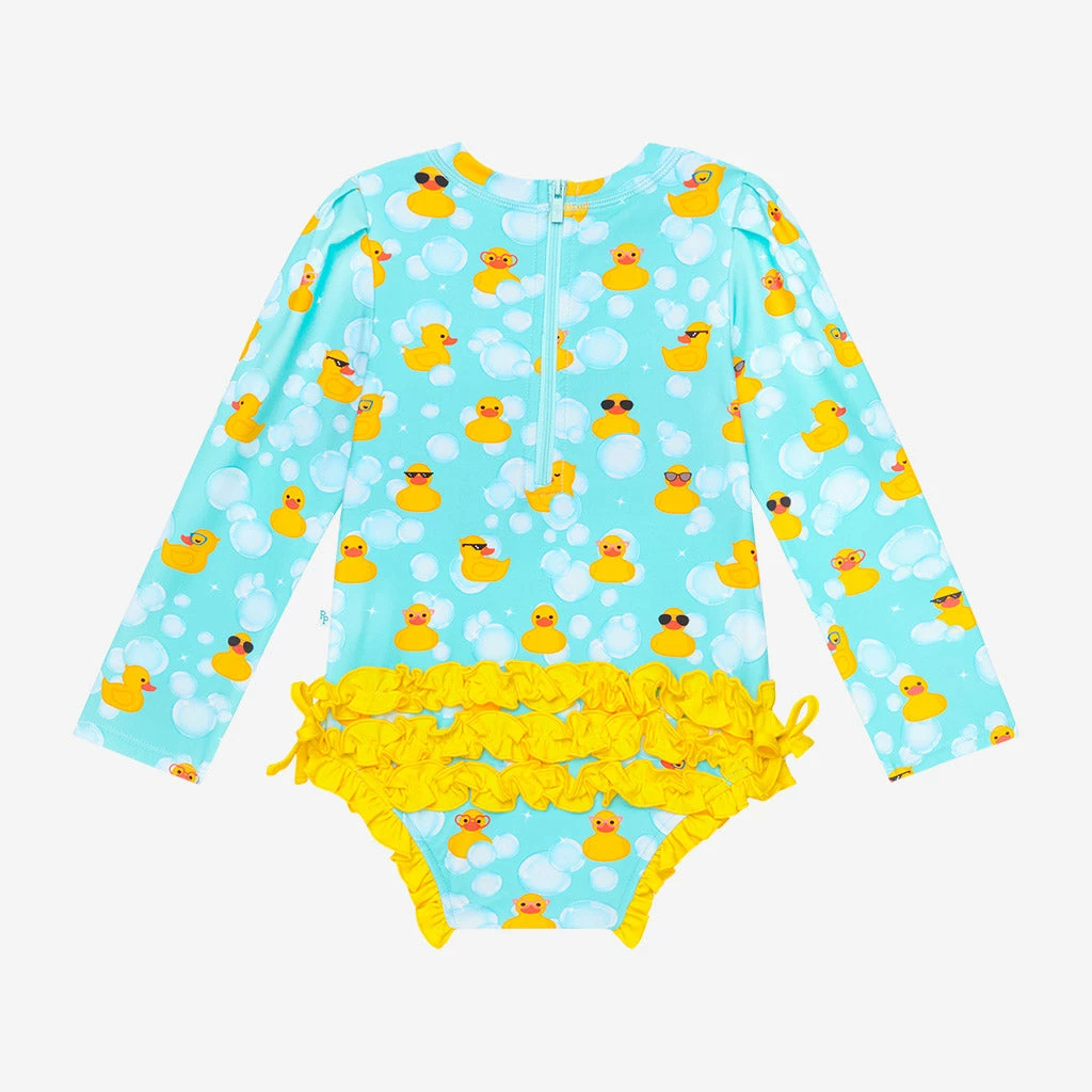 Posh Peanut Ducky Long Sleeve Ruffled Rash Guard Swimsuit