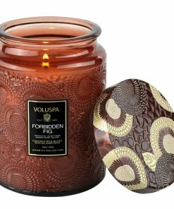 Voluspa Forbidden Fig - Large Embossed Glass Candle With Lid Gifts