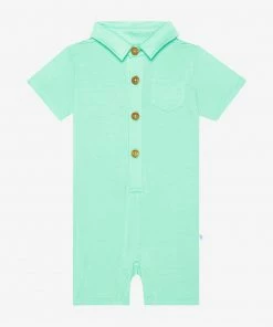 Posh Peanut Sea Glass Short Sleeve Collared Henley Romper