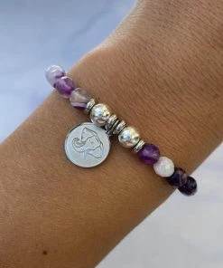 TJazelle Help Collection Lucky Elephant Charm With Purple Stripe Agate Beads Charity Bracelet