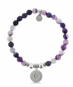 TJazelle Help Collection Sun And Moon Charm With Purple Stripe Agate Beads Charity Bracelet Jewelry