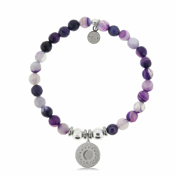 TJazelle Help Collection Sun And Moon Charm With Purple Stripe Agate Beads Charity Bracelet Jewelry