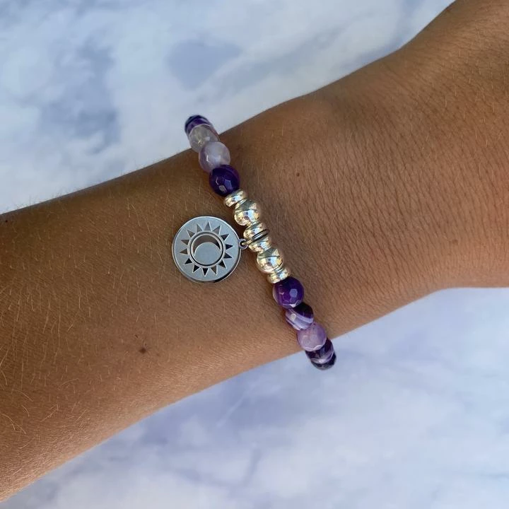 TJazelle Help Collection Sun And Moon Charm With Purple Stripe Agate Beads Charity Bracelet Jewelry
